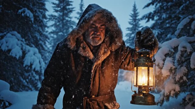 Man in fur parka holding lantern in snowy winter forest