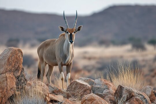 eland antelope standing proud on rocky plateau