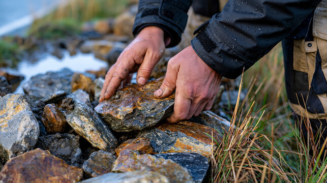 A drystone waller works in falling rain on a rural road verge, candid unposed moment showing weathered hands pressing a capstone into position on a rebuilt field boundary wall as rain beads on a wax