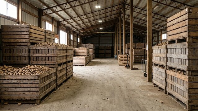 Ventilated bulk storage bins filled with potatoes in an unbranded farm warehouse