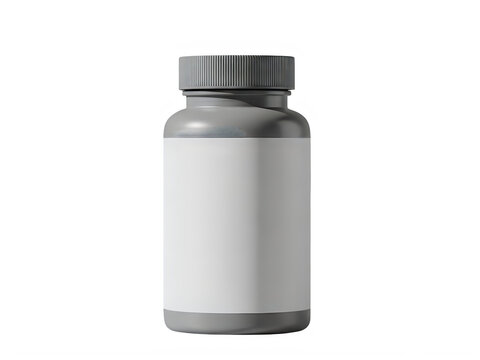 Small grey plastic medicine bottle with a blank white label
