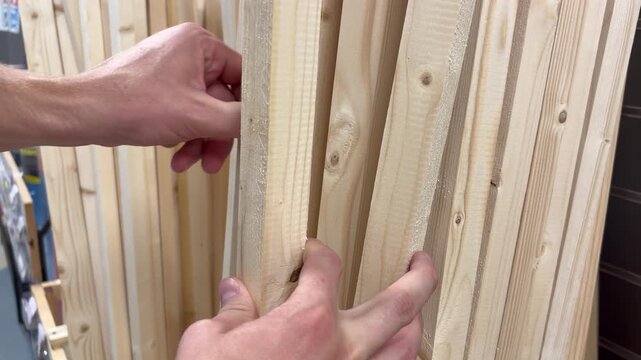 a person selecting and inspecting wooden planks in a hardware store. A DIY, construction, or home renovation project.