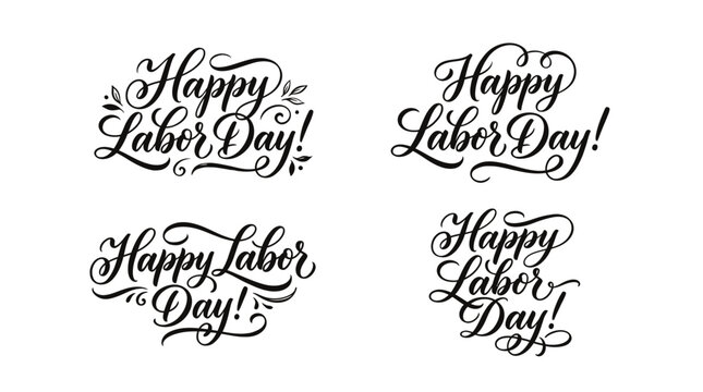 A collection of elegant black calligraphy designs for the holiday celebration featuring a labour day vector isolated on transparent background for your creative