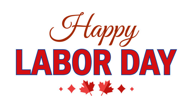 Decorative happy labor day vector graphic featuring red and blue typography with maple leaves as an isolated object on isolated on transparent background