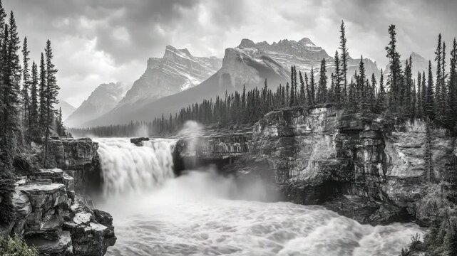 This captures the raw beauty of a waterfall cascading down rugged rocks, surrounded by dense forests under a cloudy sky.