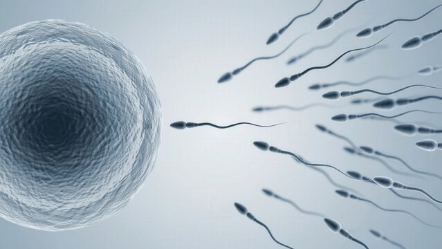 Microscopic view of sperm cells swimming towards a human egg cell during fertilization with life cycle in vitro