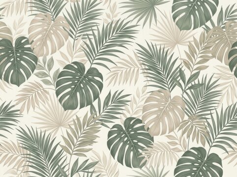 Seamless pattern with tropical palm leaves and monstera foliage on a light background