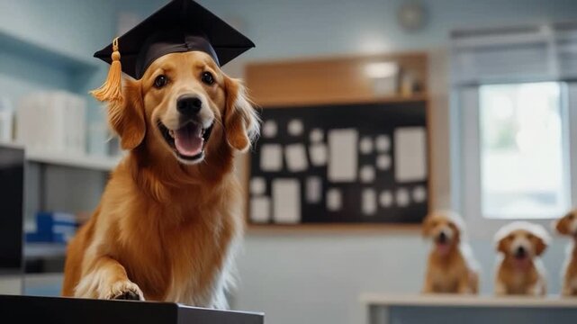 A joyful golden retriever dog graduates with a cap in a classroom celebrating achievement with fellow dogs in the background showcasing happiness and success. Generative AI