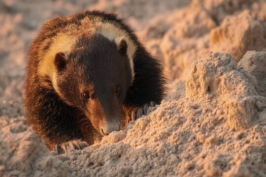 honey badger digging in sandy soil near termite mound