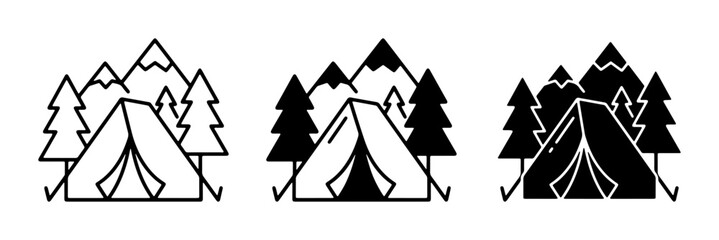 Fototapeta premium Camping Icons Set: Tent, Trees, Mountains, Outdoor Adventure Graphics, Nature Scene Illustrations