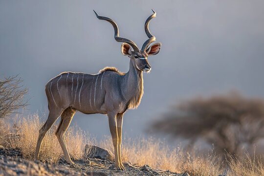 kudu with impressive spiraled horns standing alert