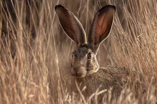 jackrabbit blending into tall dry grass background