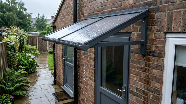 Modern door canopy with gutter system | Anthracite grey porch awning for back door | Glass patio cover on brick wall in rain | Outdoor door shelter with integrated drainage