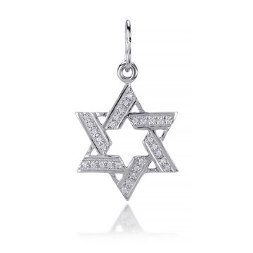  Professional studio product shot of a silver Star of David pendant necklace adorned with clear sparkling zircons. High-quality religious jewelry on a white reflective backdrop.