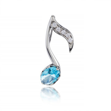 Professional studio product shot of a stylish musical note pendant necklace, adorned with clear zircons and a blue stone, set on a clean white reflective background.