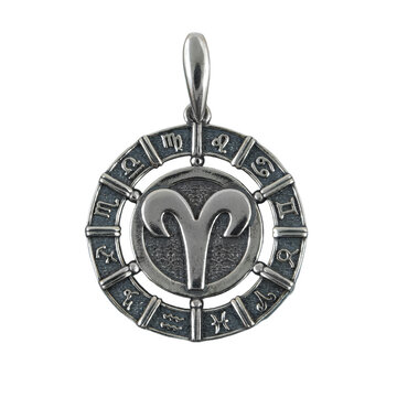 Professional studio product photography of a silver Aries zodiac pendant necklace. Features astrology signs on a clean white background with a beautiful mirror reflection.