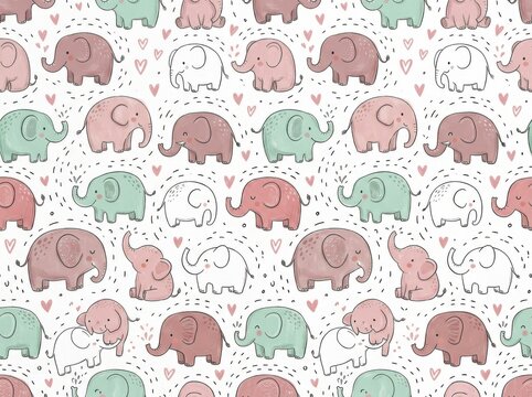 Seamless pattern with cute cartoon elephants and hearts isolated on white background