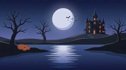 Fototapeta premium Spooky haunted mansion on a hill overlooking a dark lake under a full moon