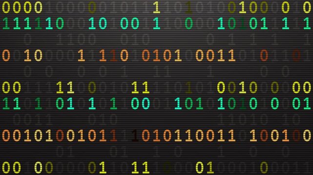 Looped 3D animation of multicolor binary code rows on a dark digital screen, abstract data pattern for programming, cybersecurity, software and technology backgrounds.