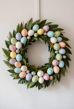 Pastel easter egg wreath with green foliage and speckled eggs, spring holiday decoration on a white wall
