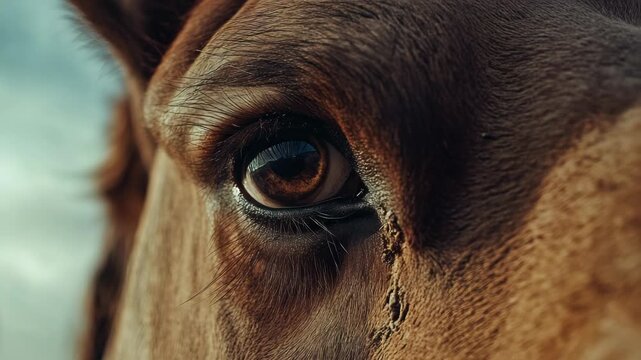 Close-up view of a brown horses eye with drops of water or tears on its eyelashes.