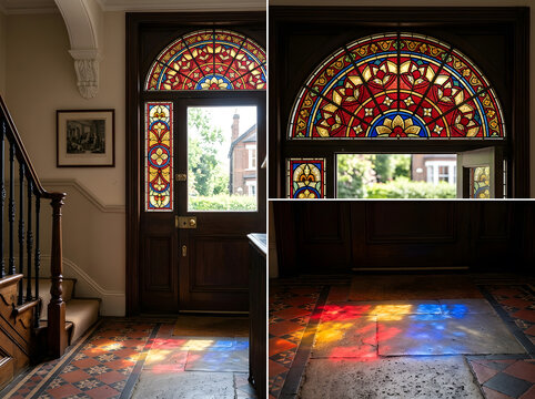 Victorian entryway stained glass door | light reflecting through stained glass window | traditional hallway with encaustic floor tiles | historic home interior entrance hall