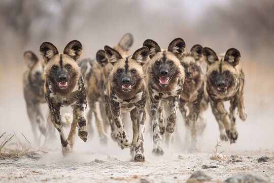 wild African dog pack running in coordinated chase