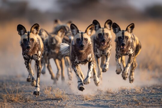 wild African dog pack running in coordinated chase