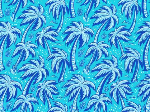 Seamless pattern with stylized palm trees on a vibrant blue background