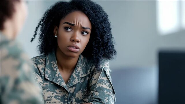A determined woman soldier wearing a camouflage uniform engages in a conversation with another person.