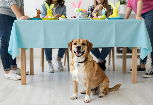 Happy brown dog sitting under a table with people decorating easter eggs in the background, family celebration, a happy brown dog sits on a light wooden floor