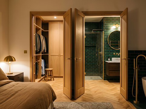 Modern master suite with walk-in closet | Luxury ensuite bathroom with green subway tiles | Elegant bedroom design with herringbone oak flooring | Custom built-in wardrobe and dressing area