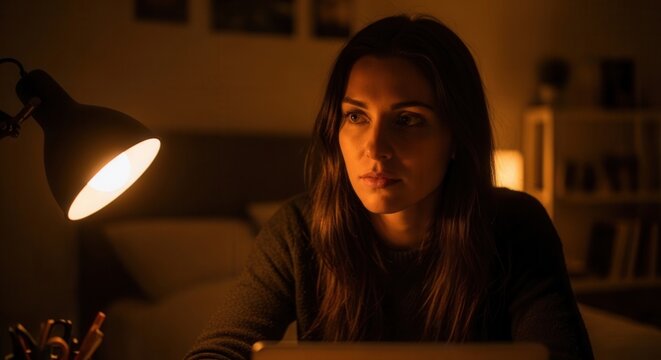 Focused Woman Working Late Under Desk Lamp Light