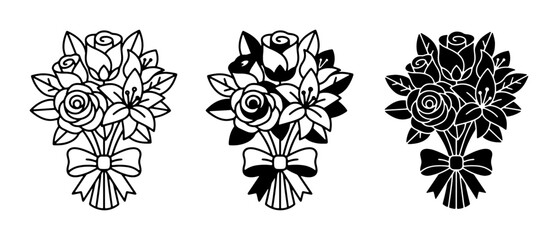 Fototapeta premium Floral Bouquet Vector Icons: Rose and Lily Arrangements, Elegant Bow Tie Graphics, Black and White Line Art and Silhouette Designs for Celebration and Romance