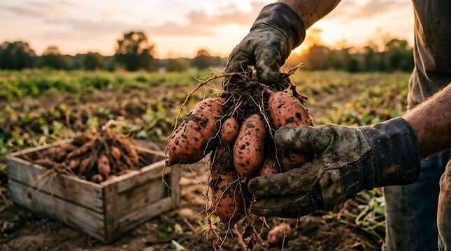Farmer holding fresh organic sweet potatoes harvest in rustic field at sunset for agriculture banner and healthy food