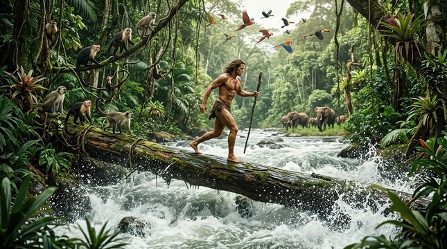 Man crossing jungle river on fallen tree trunk surrounded by wildlife
