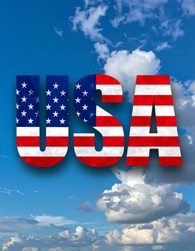 USA flag letters in cloudy sky.
