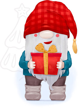 Festive bearded gnome presents a red gift with a golden bow. Ideal for Christmas advertising, posters, invitations, packaging, and seasonal campaigns.