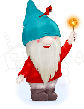 Cute bearded gnome raises a sparkling star wand in a winter scene. Ideal for holiday ads, posters, invitations, and campaigns.
