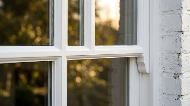 Modern white wooden sash window detail | Traditional home exterior window frame renovation | Architectural close up of white timber windows | Double glazed sash window in brick wall