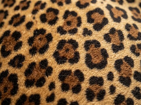 Closeup of soft brown leopard print faux fur fabric texture