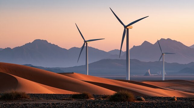 Large white wind turbines stand among orange desert dunes with distant mountains, captured in soft evening light, symbolizing sustainable energy transition.