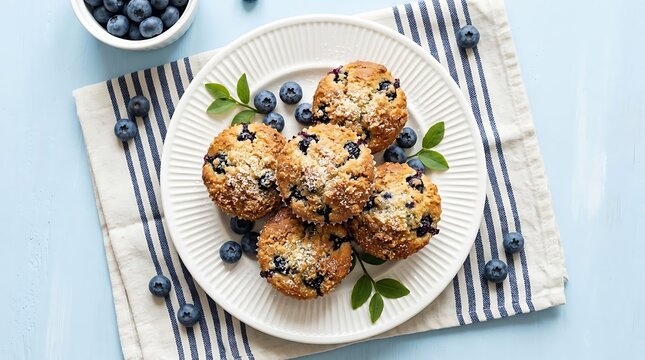 Fresh Blueberry Muffins on White Plate Top View Photography for Bakery Cafe Menu and Food Blog Web Banner Background