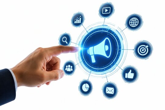 Business hand touching digital marketing megaphone icon on screen