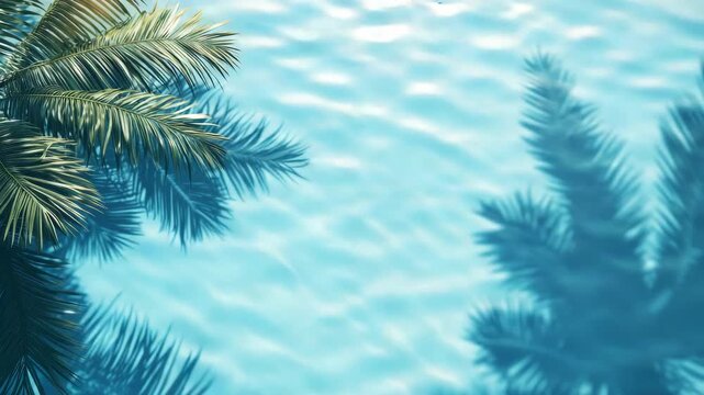A serene beach scene featuring palm trees framing a clear blue ocean view, perfect for travel or relaxation themes.