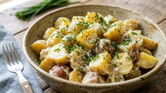 Fresh creamy potato salad with chives and herbs in ceramic bowl on rustic wood table for healthy organic food banner.