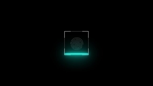 Fingerprint scanner neon shine icon animation. Biometric scanning neon fingerprint icon black background. glowing sleek representation top to bottom scanning