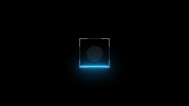 Fingerprint scanner neon shine icon animation. Biometric scanning neon fingerprint icon black background. glowing sleek representation top to bottom scanning
