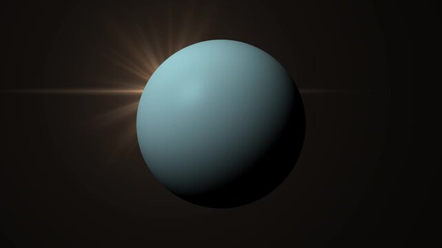 Planet Uranus rotating in deep space with sun flare light effect