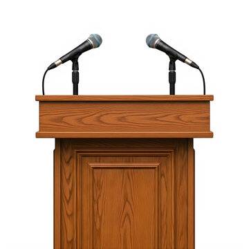 Wooden podium with two microphones for public speaking events